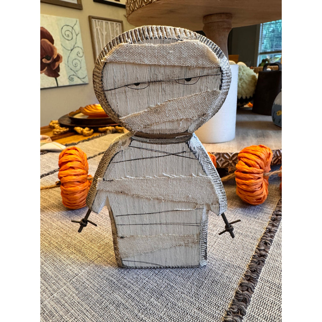Set of 4 Fall Rustic Home Decor Wood Mummy Kitty Candy Corn Yarn Ghost