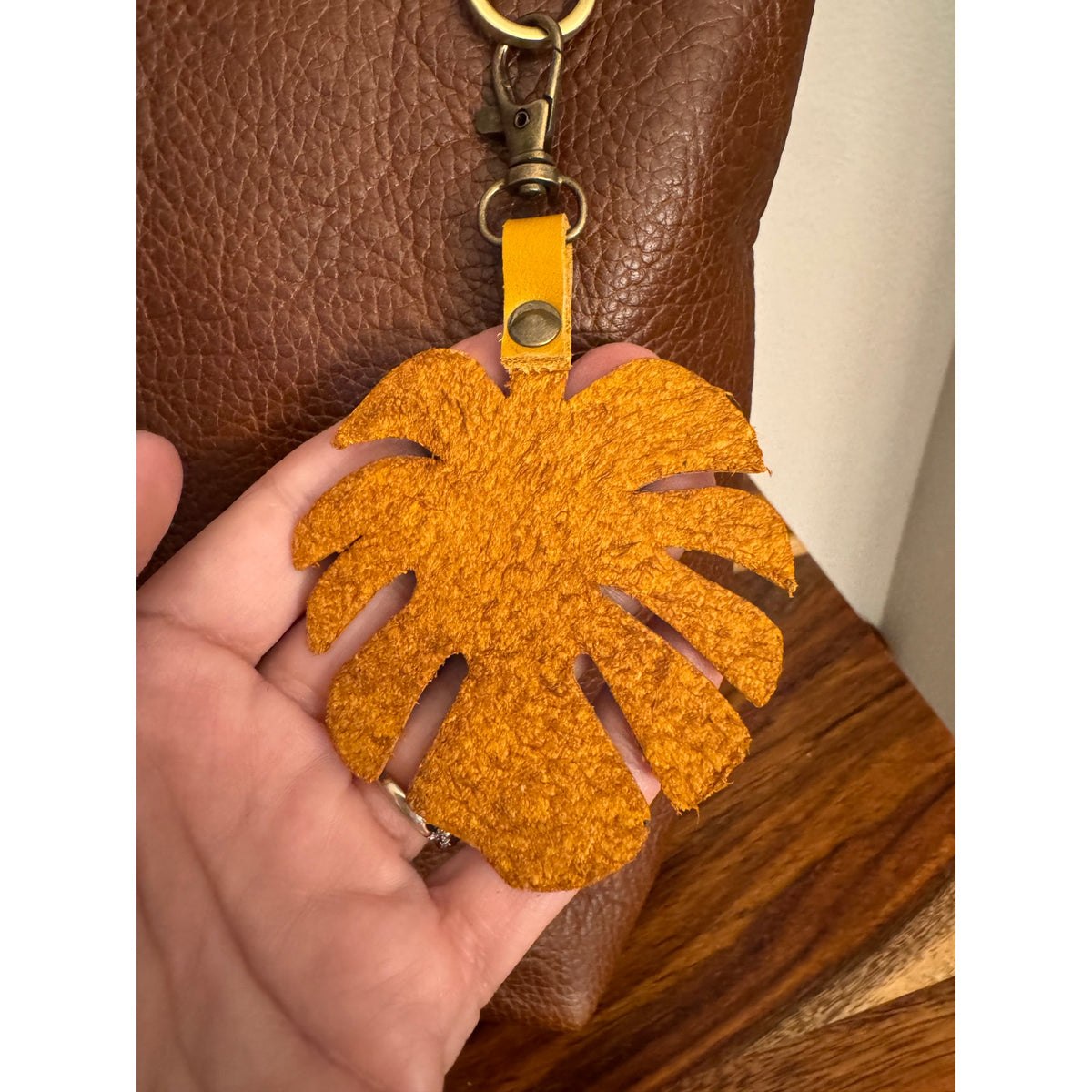 Yellow Monstera Bag Charm Genuine Leather Purse Charm NEW