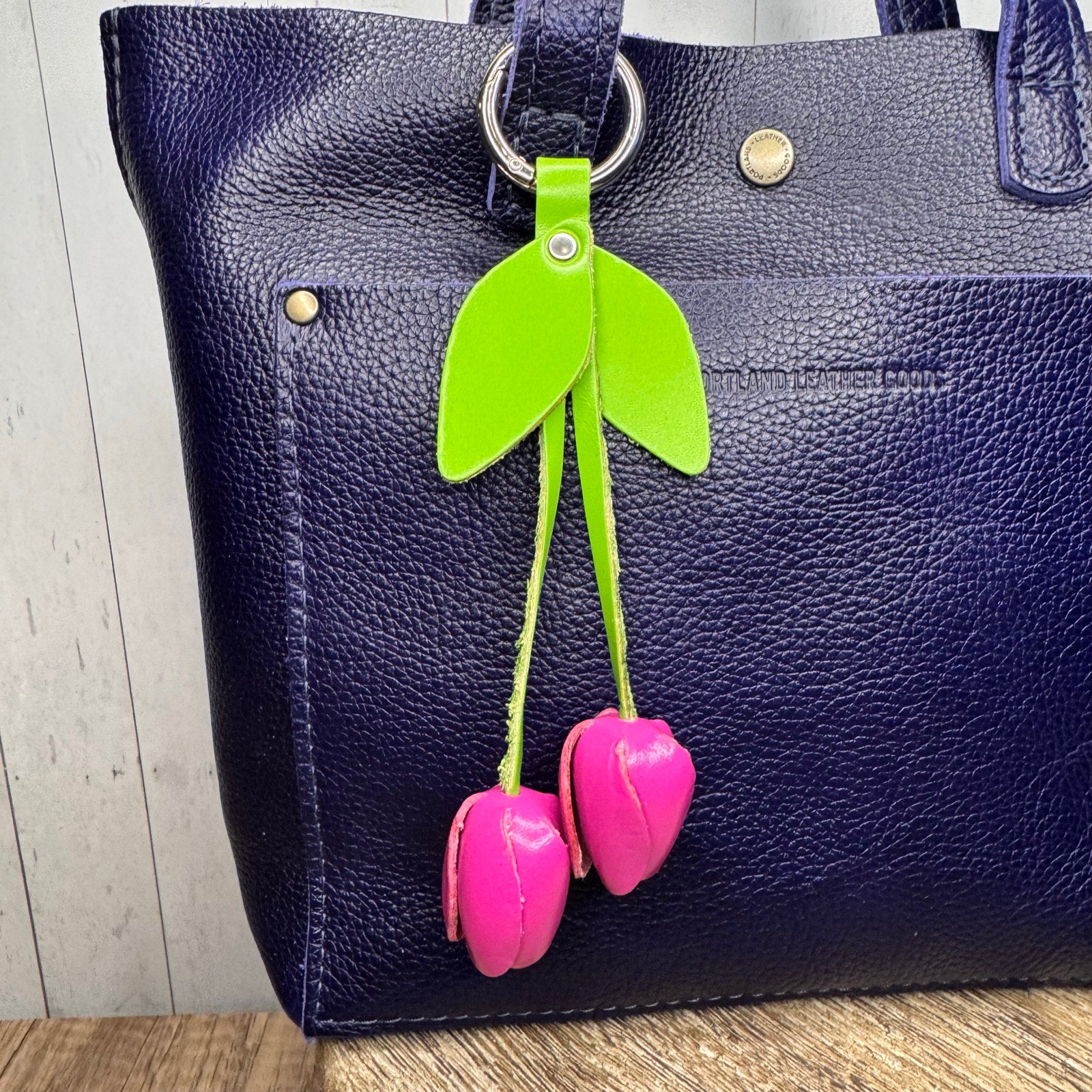 Leather Hot Pink Tulip Purse Charm Genuine Leather Pink Flower Bag Charm NEW