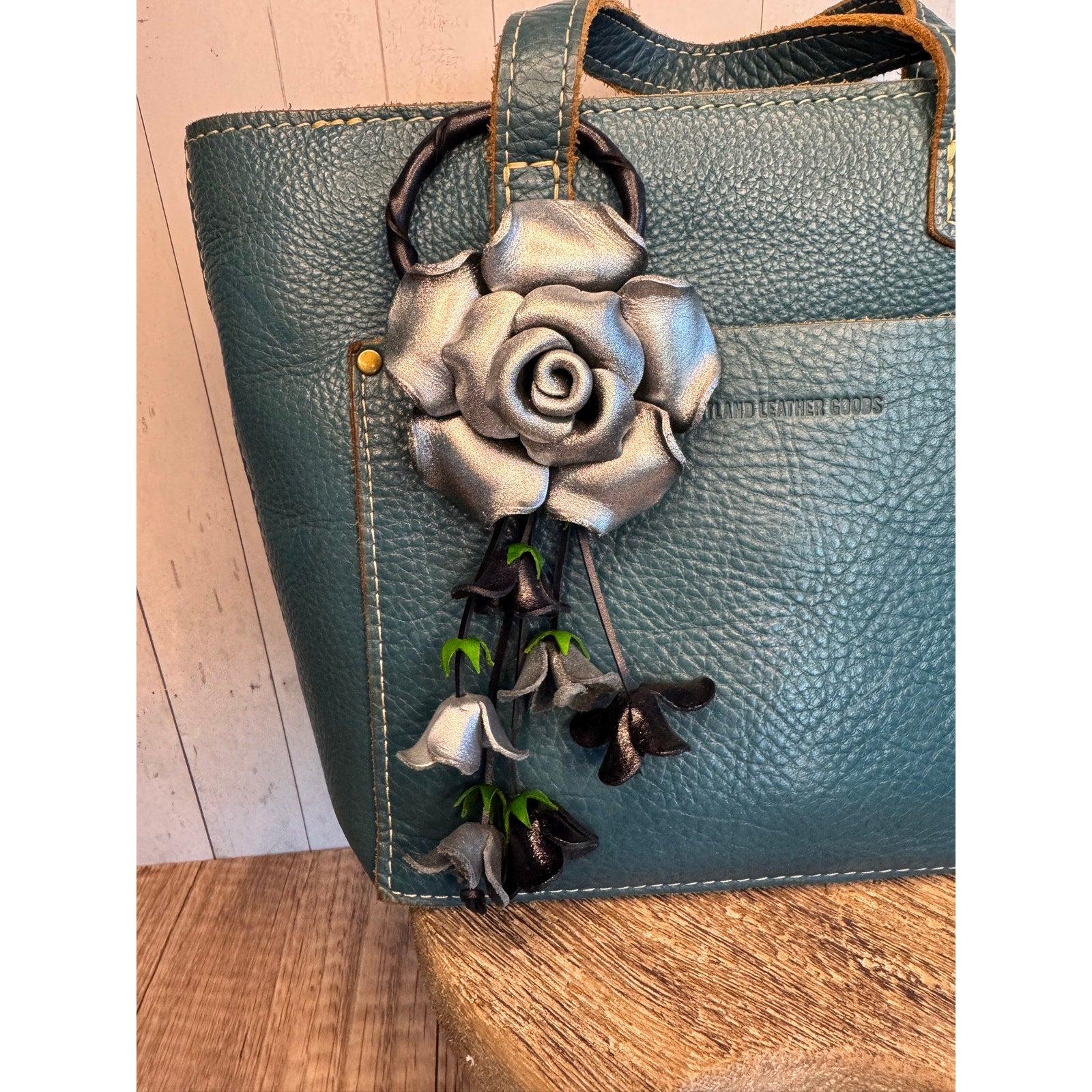 Rose Purse Charm Genuine Leather Silver Rose Summer Flower Bag Charm FAST SHIP