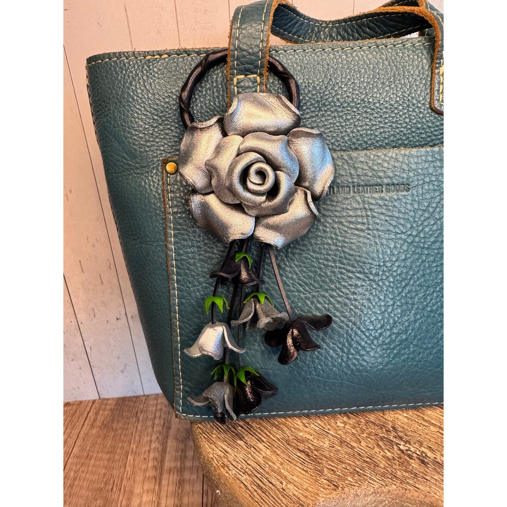 Rose Purse Charm Genuine Leather Silver Rose Summer Flower Bag Charm FAST SHIP