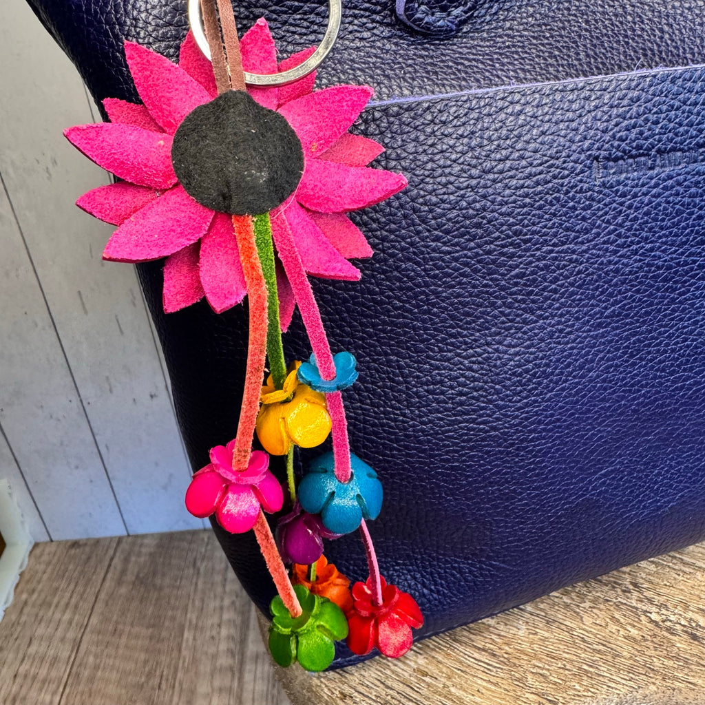 Pink Daisy Flower Leather Bag Charm Genuine Leather Purse Crossbody Keychain