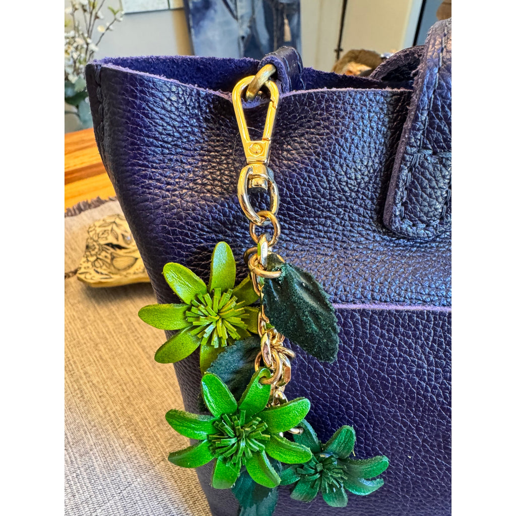 Colorful Green Flower Bag Charm Genuine Leather Purse Charm Flower Charms NEW!