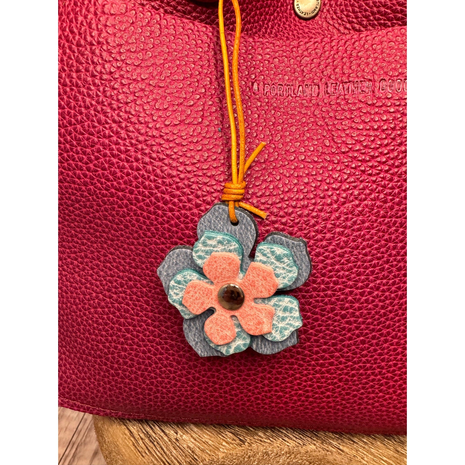 Leather Flower Bag Charm Pink Blue Indigo Flower Purse Charm Genuine Leather