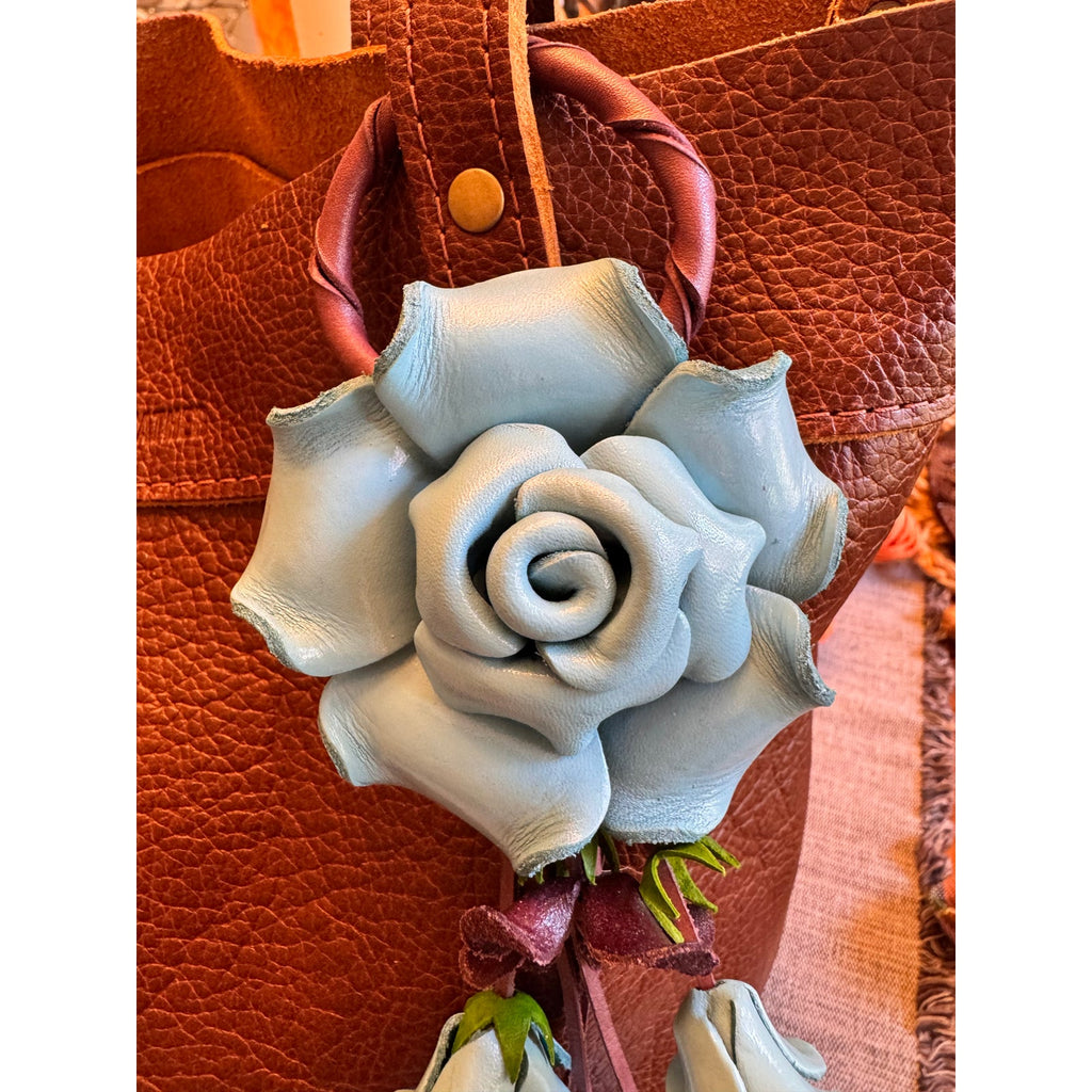 Baby Blue Rose Purse Charm Flower Bag Charm Genuine Leather Accessories NEW!