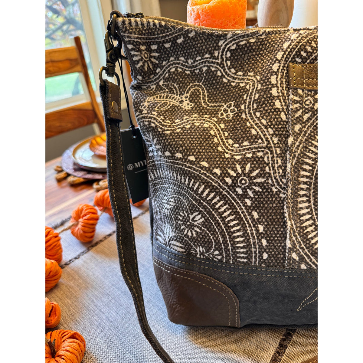 Canvas Crossbody Bag Grey Brown Greige Neutral Messenger Tote Bag NEW!  13 x 12
