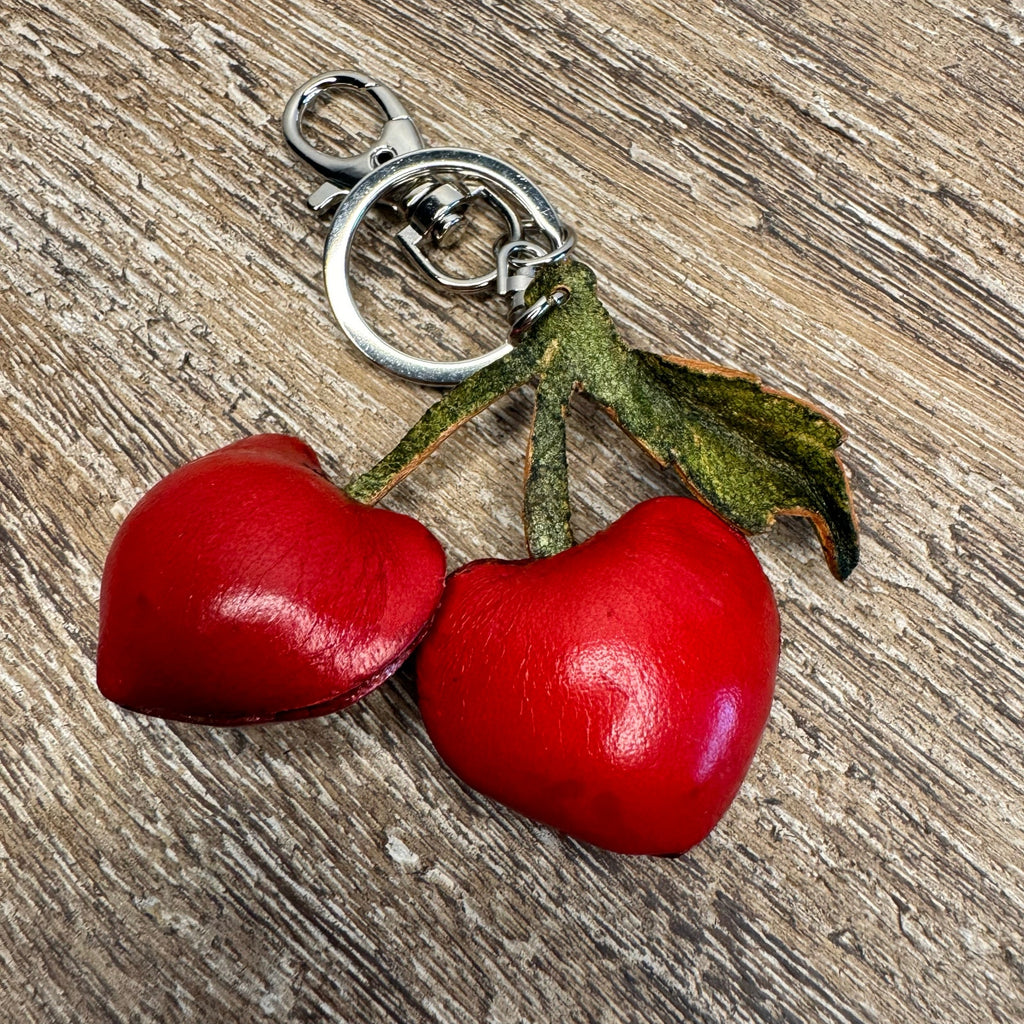 Genuine Leather Cherries Bag Charm Hand Painted Leather Cherry Keychain NEW!