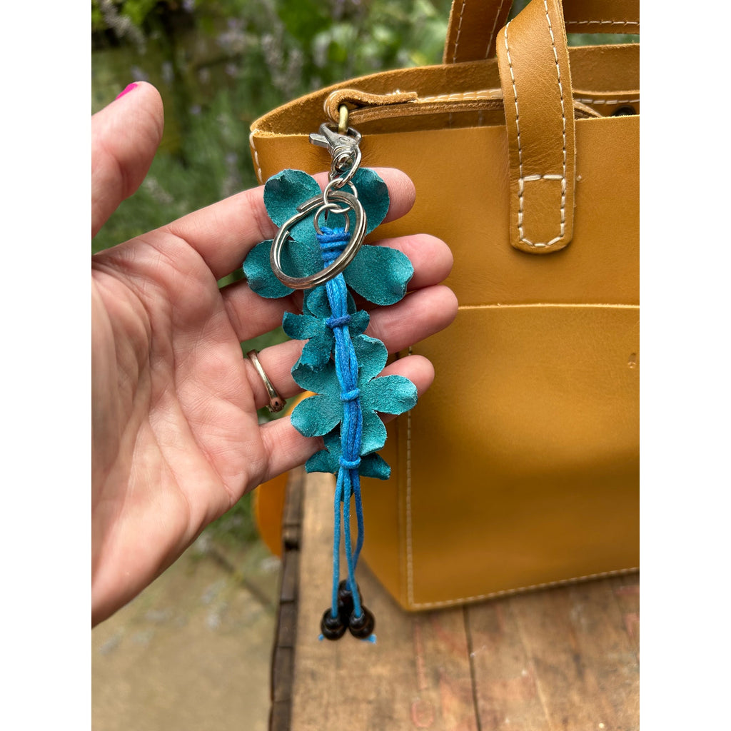 Plumeria Flower Bag Charm Genuine Leather Bag Charm Light blue Flower Charm