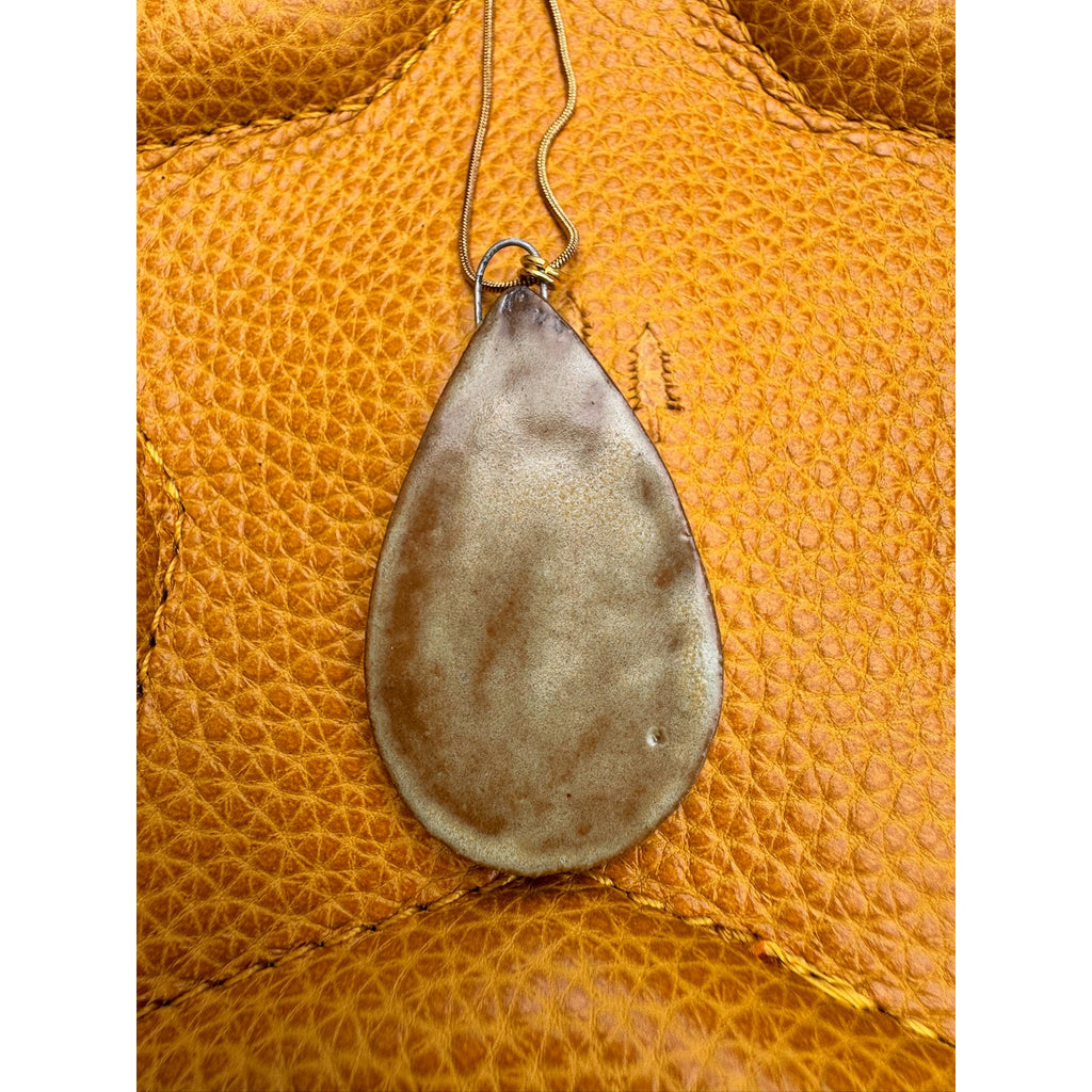 Kiln Fired Tear Drop Necklace Handcrafted Ceramic Daisy Flowers Neutral Jewelry