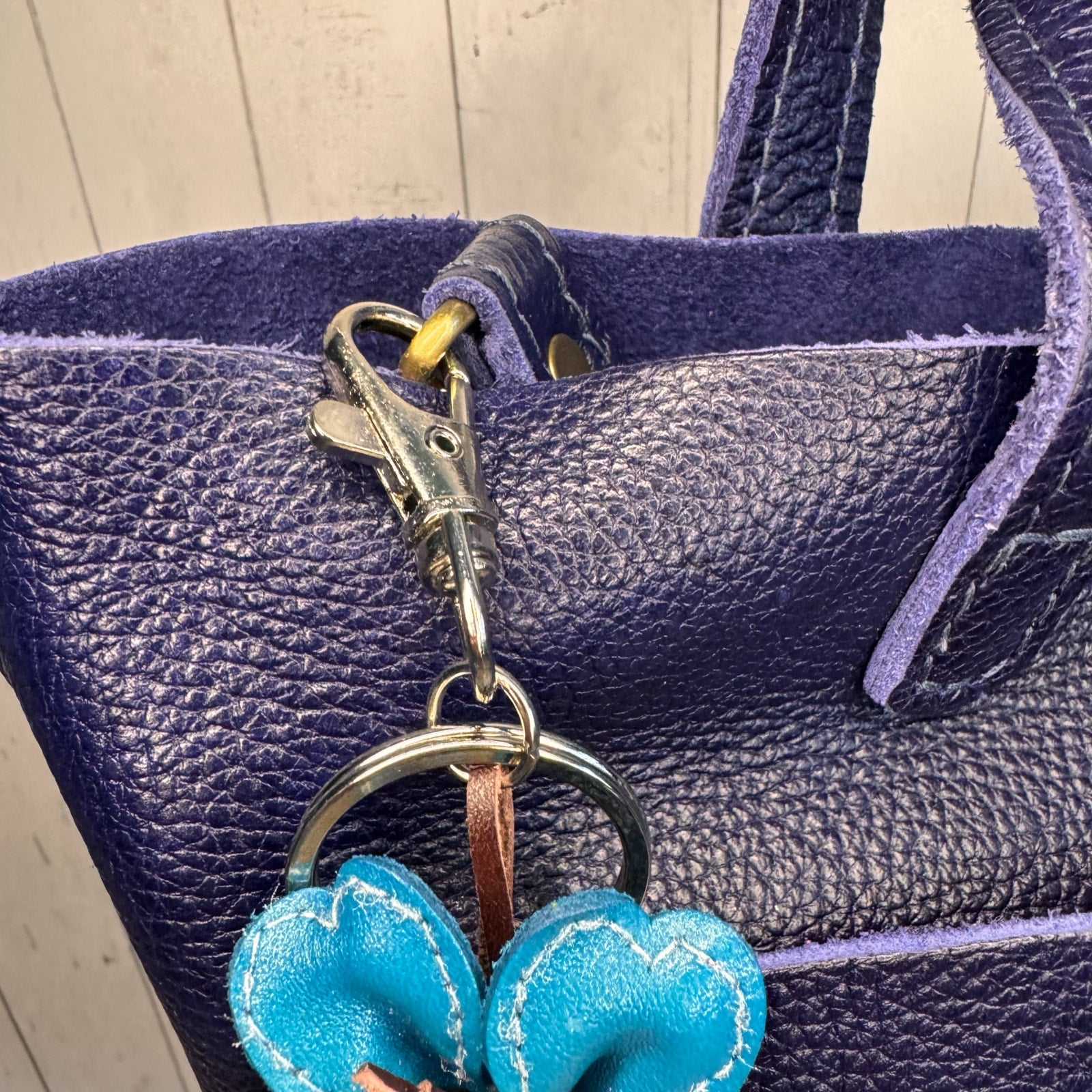 Bright Blue Daisy Flower Leather Bag Charm Genuine Leather Purse Charm Flowers