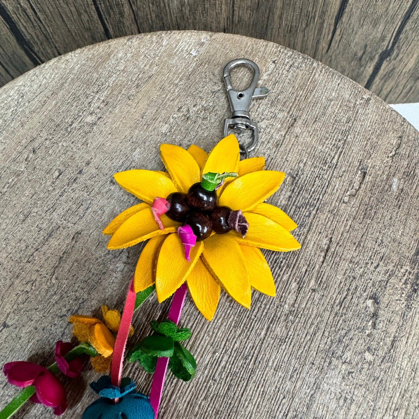 Yellow Daisy Flower Leather Bag Charm Genuine Leather Sunflower Crossbody Charm