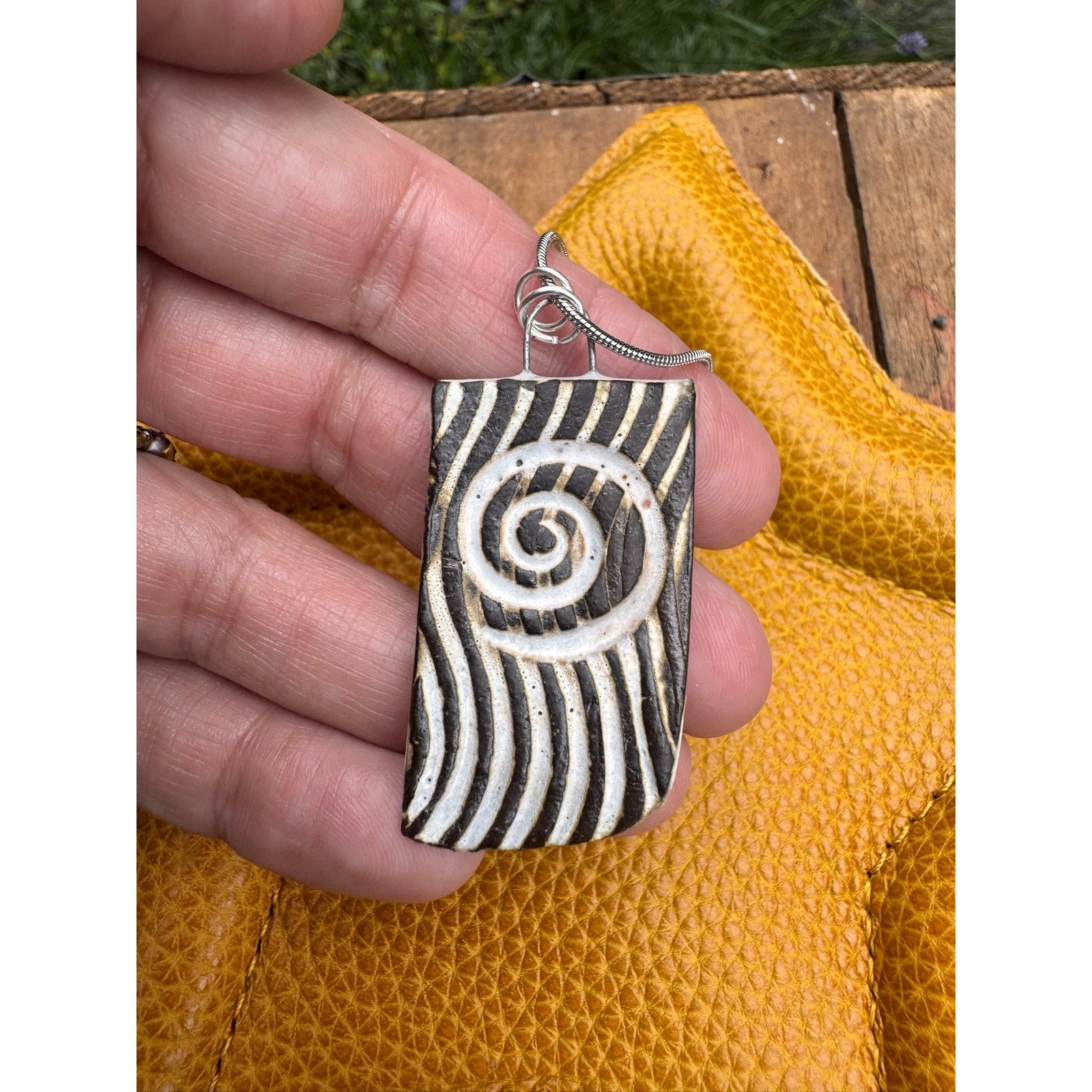 Ceramic Kiln Fired Rectangle Pendant Necklace Handcrafted Boho Pendant Necklace
