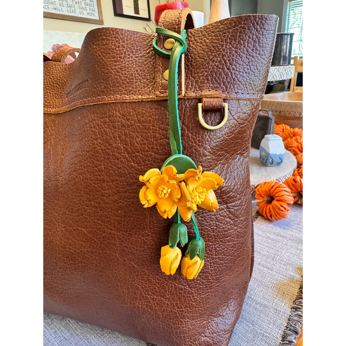 Genuine Leather Trailing Yellow Flower Purse Charm Leather Bag Charm