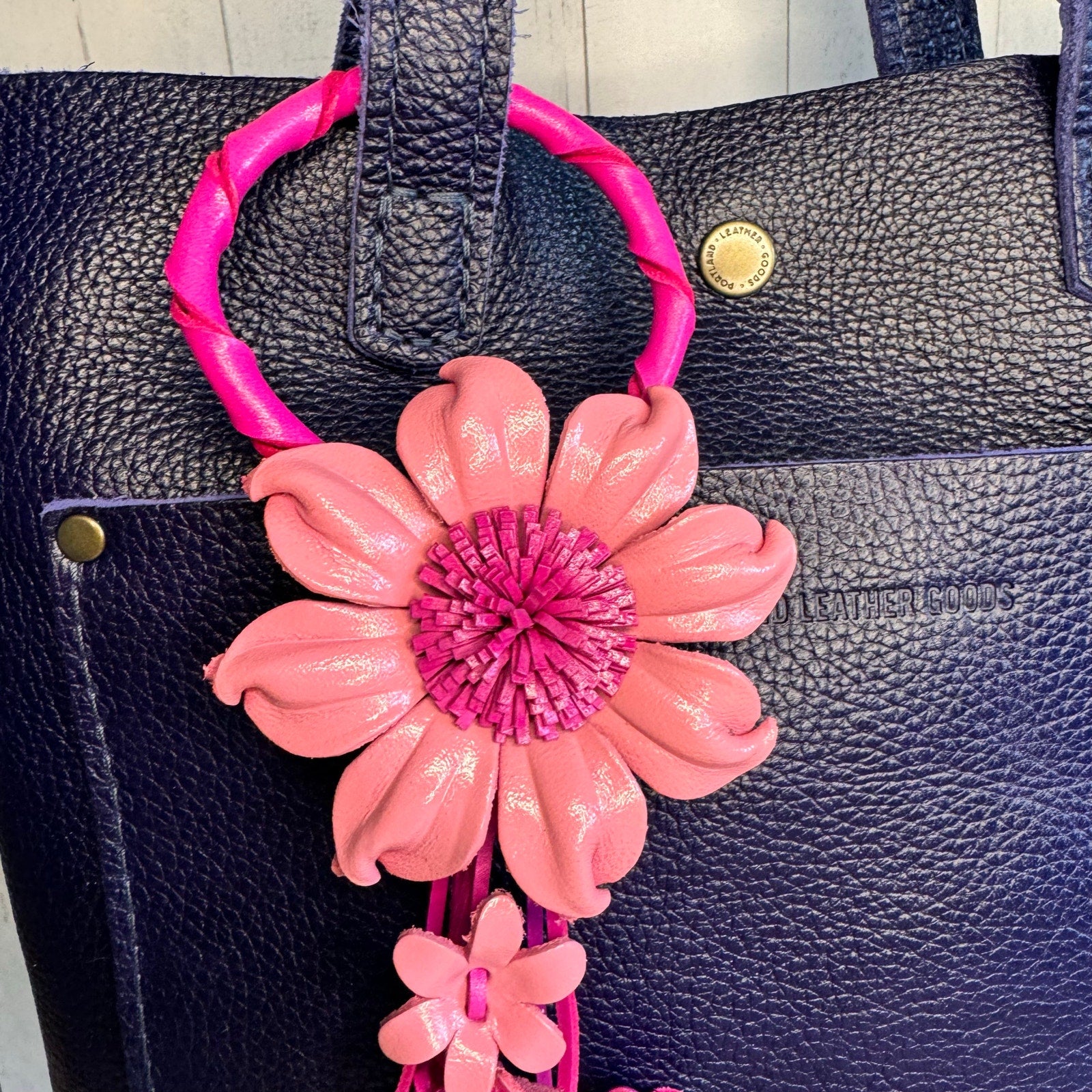 Pink Leather Flower Purse Charm Genuine Leather Pink Spring Flower Bag Charm NEW