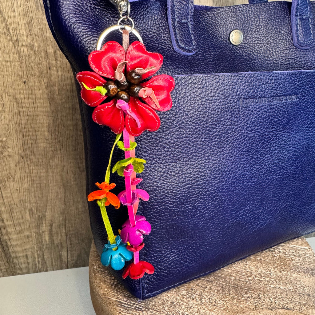 Red Leather Beaded Daisy Flower Purse Charm Genuine Leather Bag Charm NEW