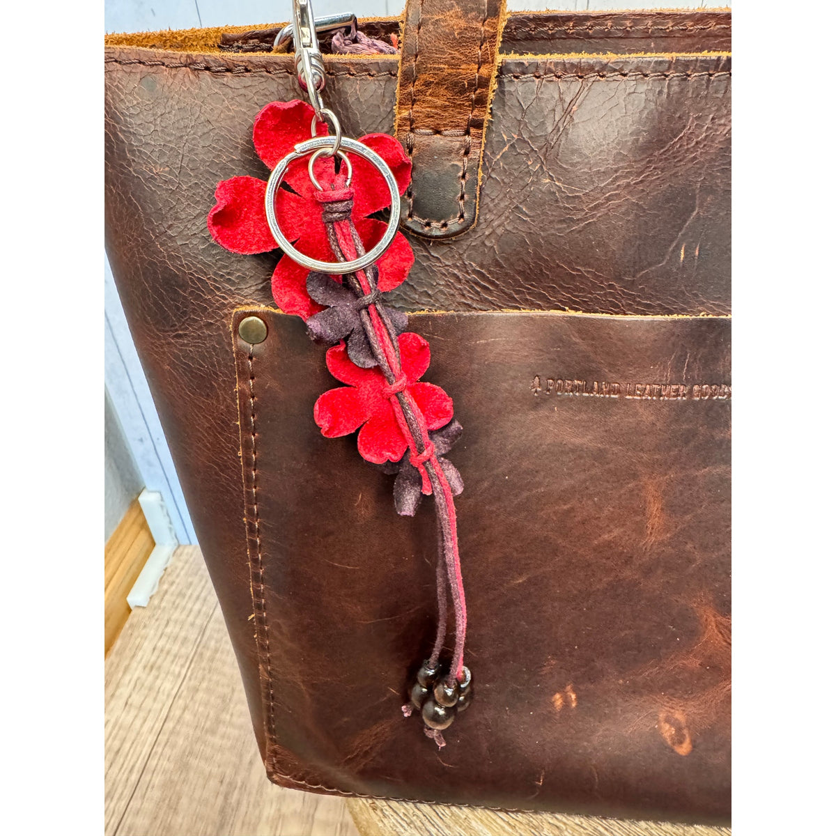 Plumeria Flower Bag Charm Genuine Leather Flower Bag Charm Red Flower Charm