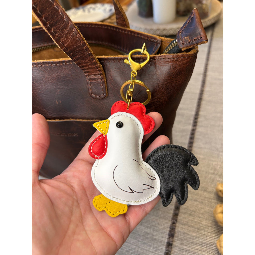 Chicken Bag Charm Genuine Leather White Chicken Purse Charm Black Accessories
