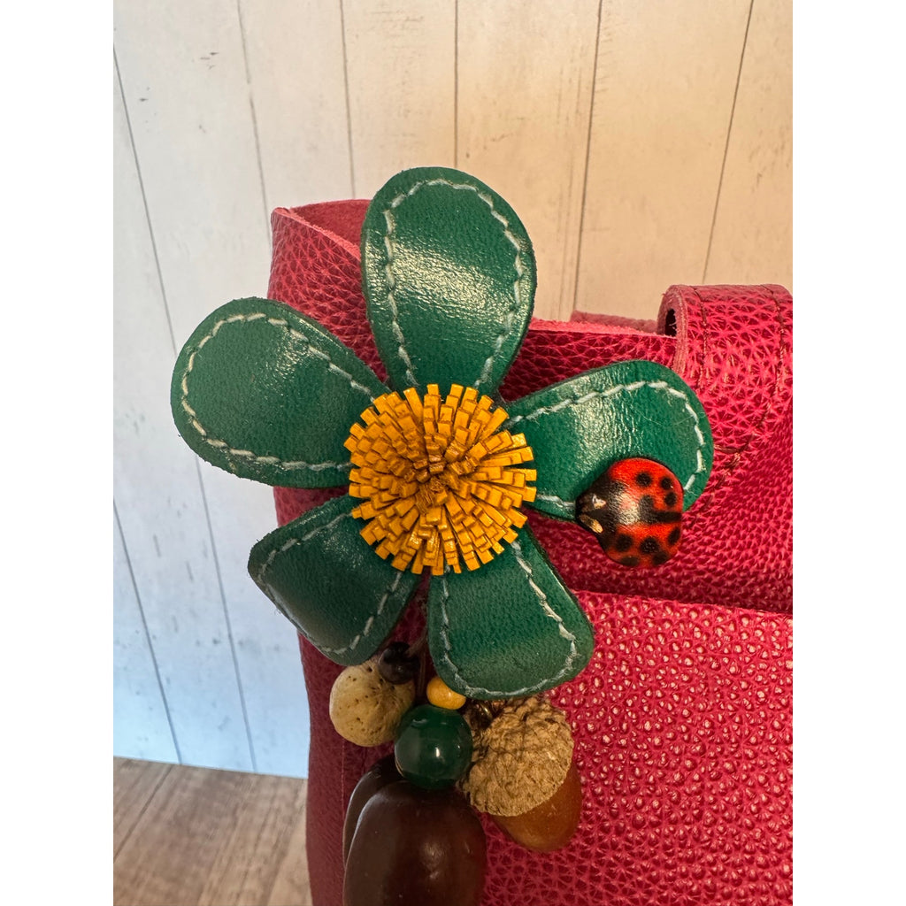 Summer Daisy Green Purse Charm Genuine Leather Sunflower Flower Bag Charm NEW!