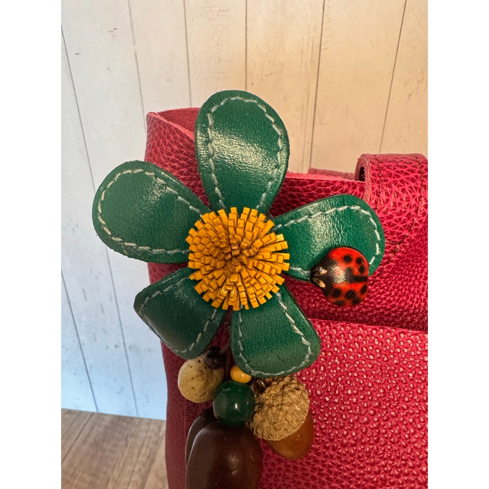 Summer Daisy Green Purse Charm Genuine Leather Sunflower Flower Bag Charm NEW!
