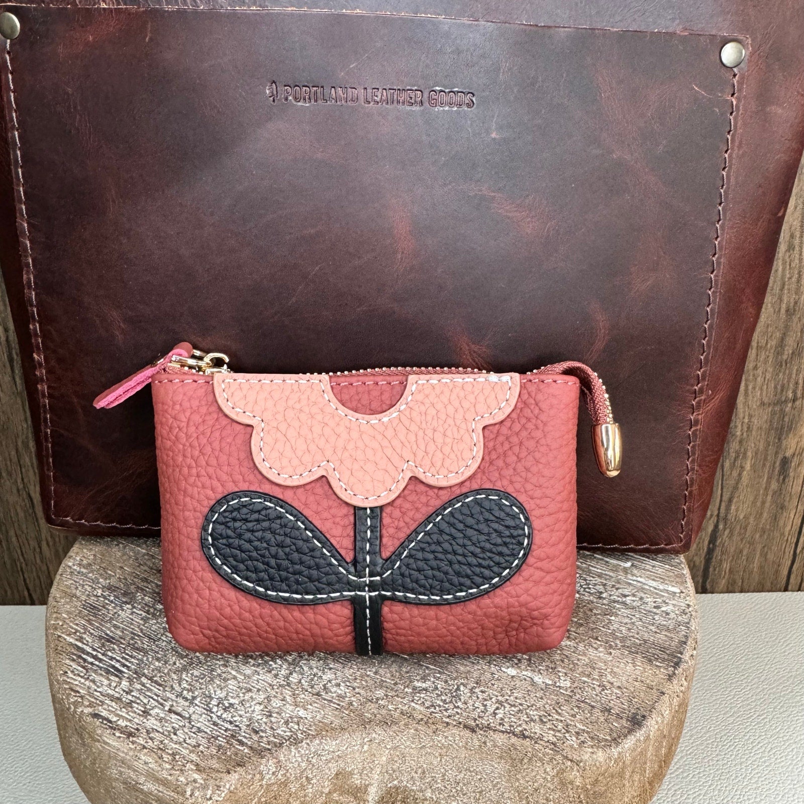 Flower Coin Purse Dusty Rose Pink Wallet Genuine Leather Wallet NEW FAST SHIP