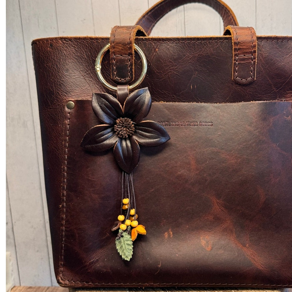 Brown Neutral Flower Daisy Purse Charm Genuine Leather Flower Bag Charm NEW!