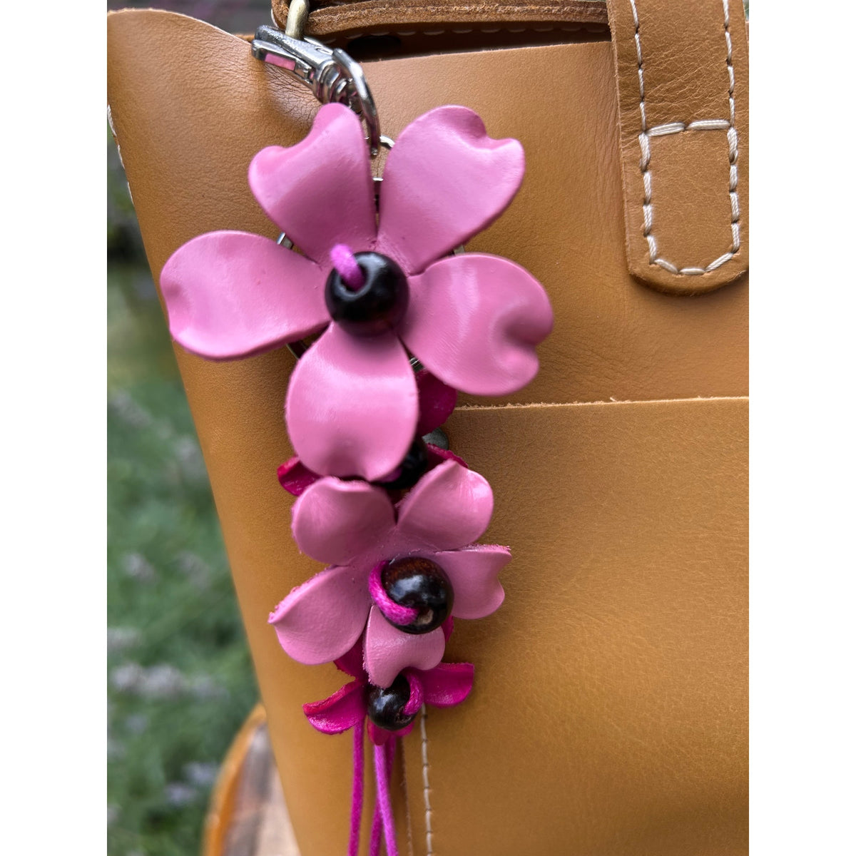 Plumeria Flower Bag Charm Genuine Leather Flower Bag Charm Pink Flower Charm