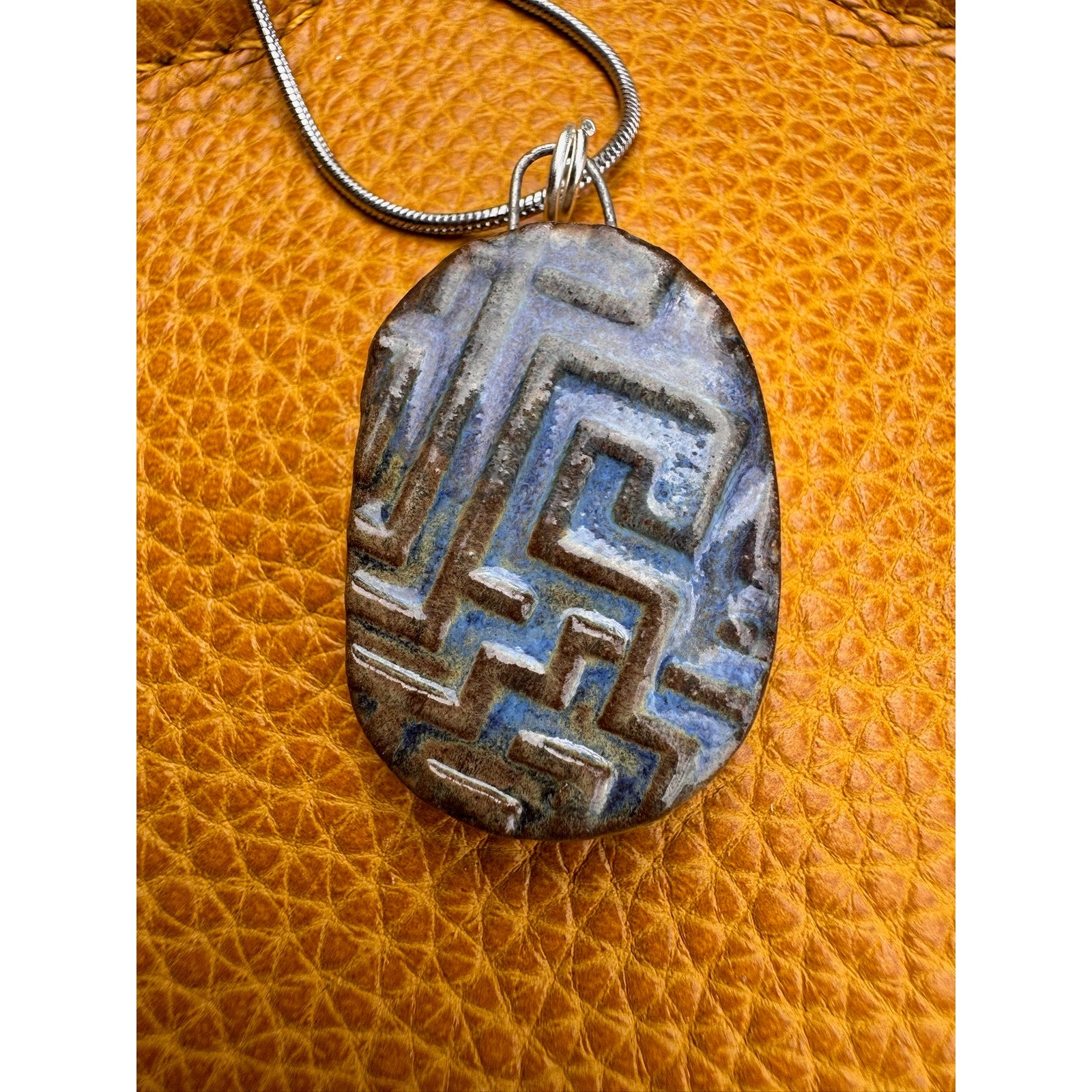 Boho Oval Necklace Blue Pendant Handcrafted Ceramic Necklace Medallion