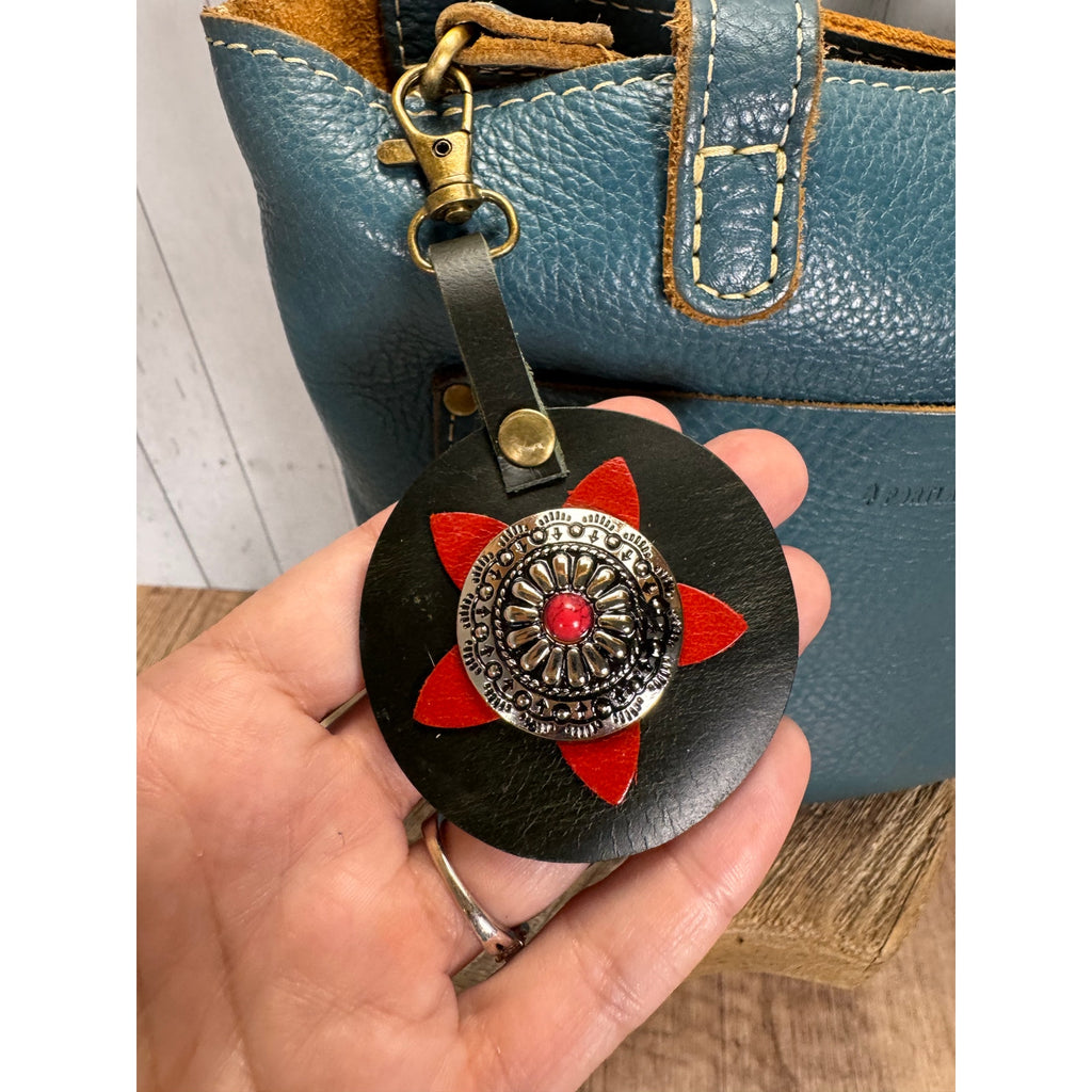 Round Western Star Bag Charm Genuine Leather Red Rhinestone Purse Charm NEW!