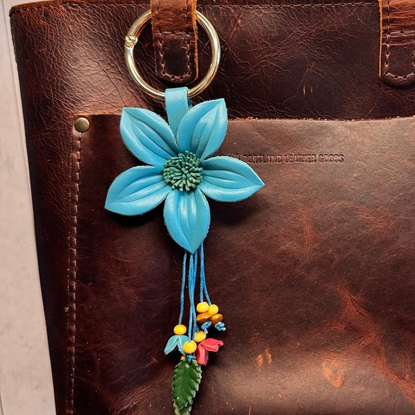 Bright Blue Flower Daisy Purse Charm Genuine Leather Flower Blue Bag Charm NEW!
