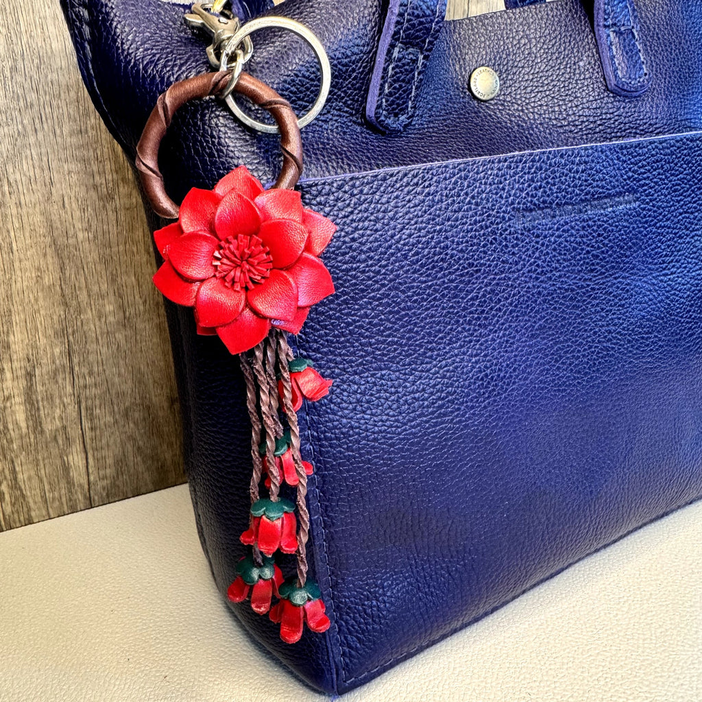Leather Red Flower Purse Charm Genuine Leather Bag Charm NEW FAST SHIP