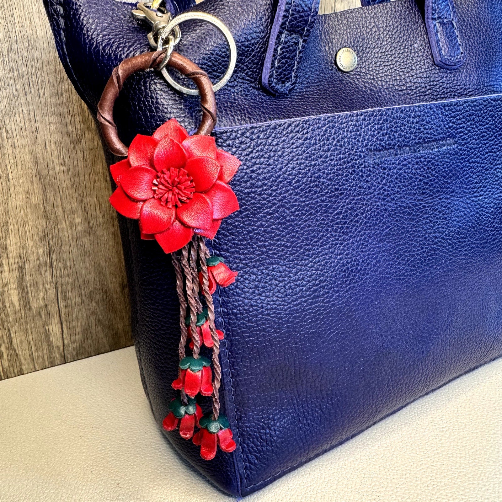 Leather Red Flower Purse Charm Genuine Leather Bag Charm NEW FAST SHIP