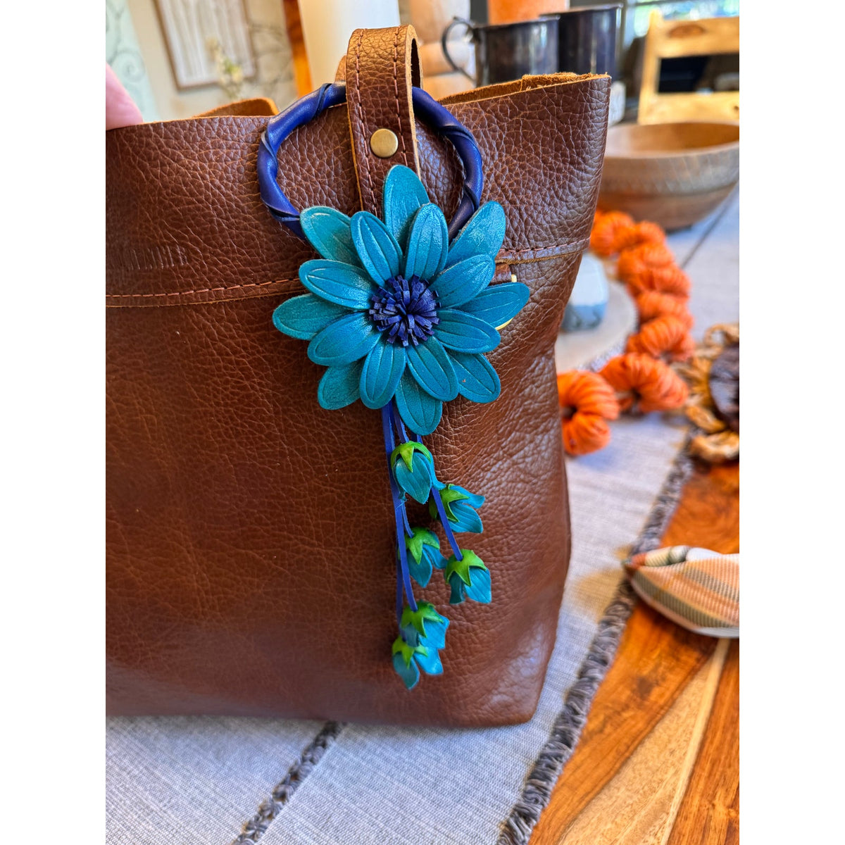 Blue Sunflower Purse Charm Flower Bag Charm Genuine Leather Accessories NEW!