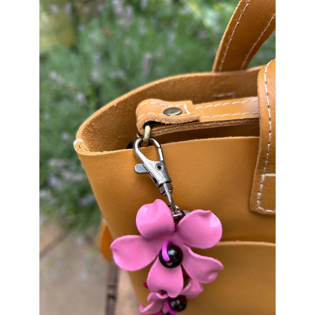 Plumeria Flower Bag Charm Genuine Leather Flower Bag Charm Pink Flower Charm