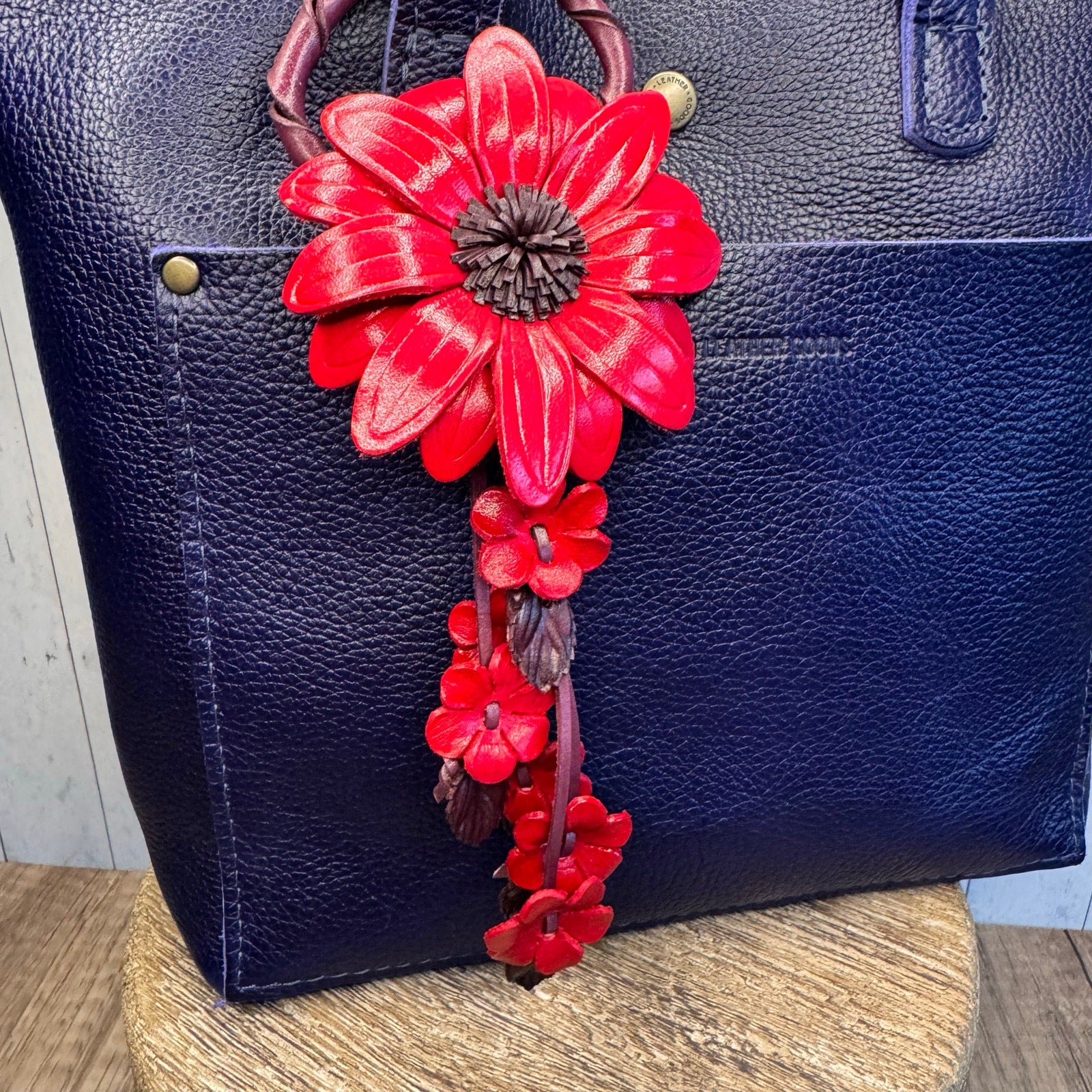 Genuine Leather Gerbera Daisy Purse Charm Leather Red Spring Bag Charm NEW