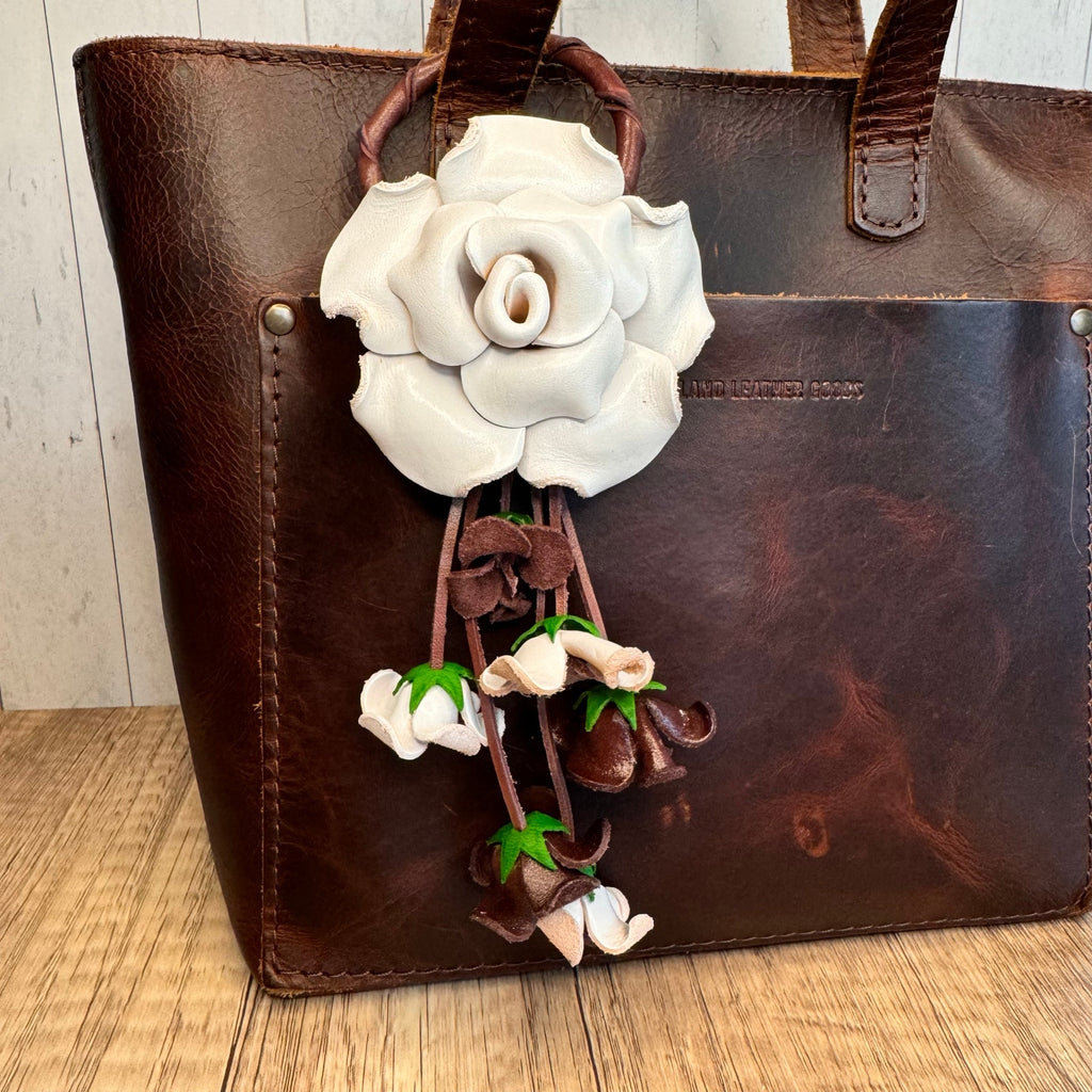 Set of 2: Genuine Leather White Rose Bag Charm Gold White Crossbody Purse Strap