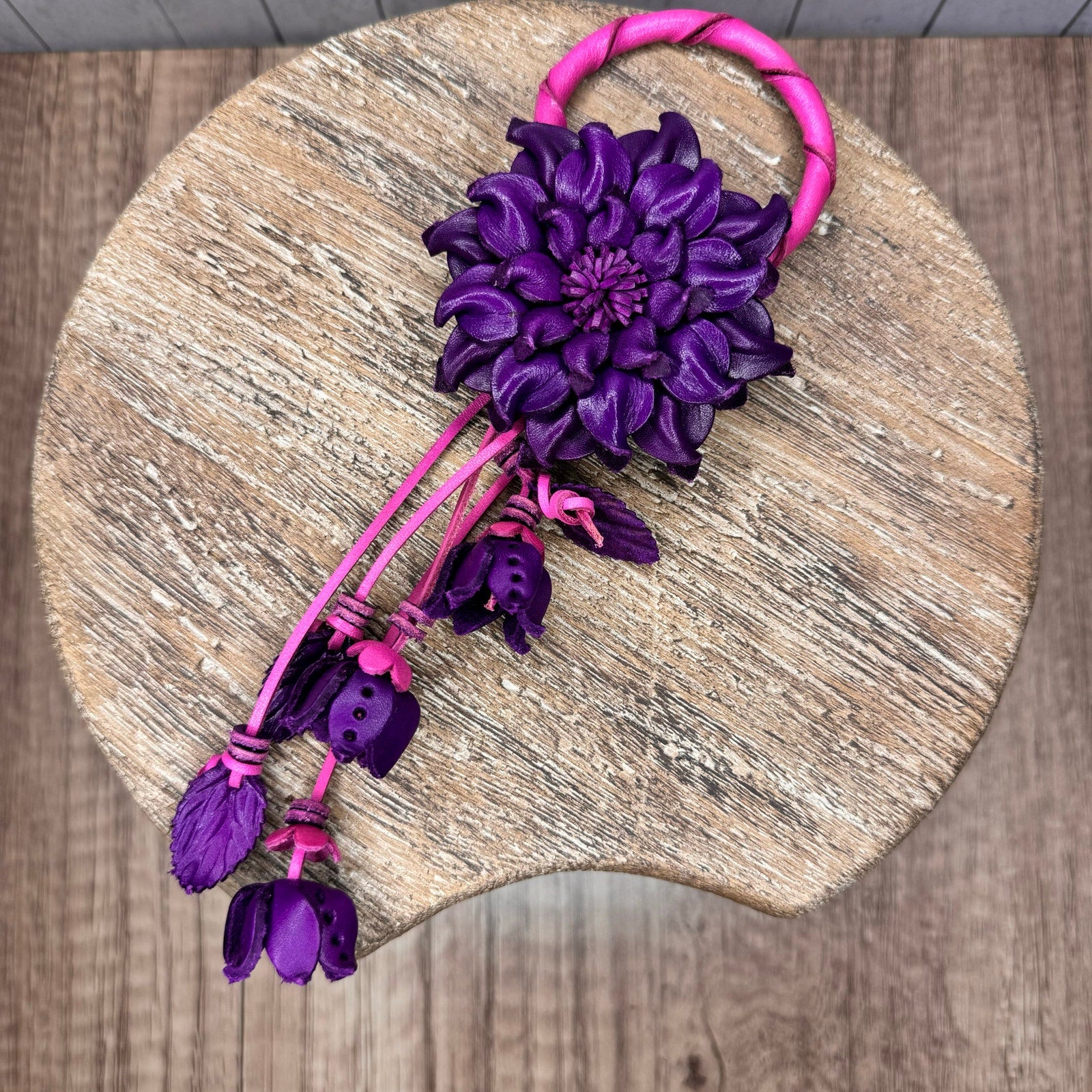 Purple Dahlia Leather Flower Purse Charm Genuine Leather Purple Flower Bag Charm