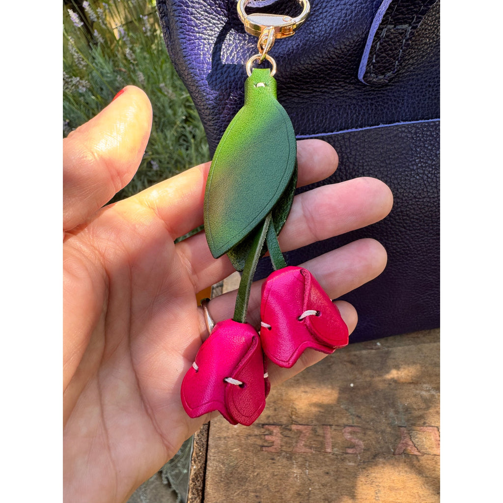 Genuine Leather Hot Pink Tulip Bag Charm Tulip Spring Pink Flower Leather Charm