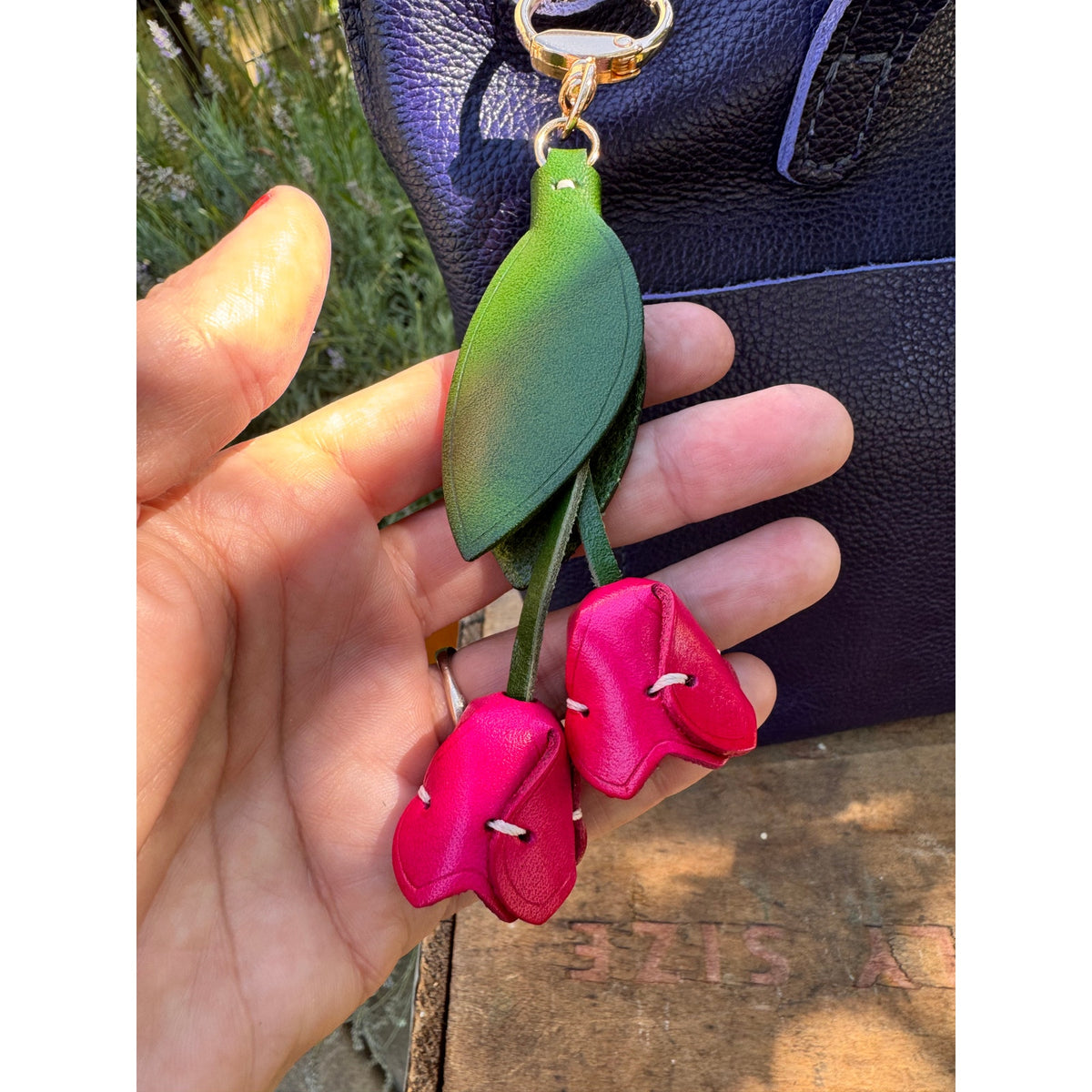 Genuine Leather Hot Pink Tulip Bag Charm Tulip Spring Pink Flower Leather Charm