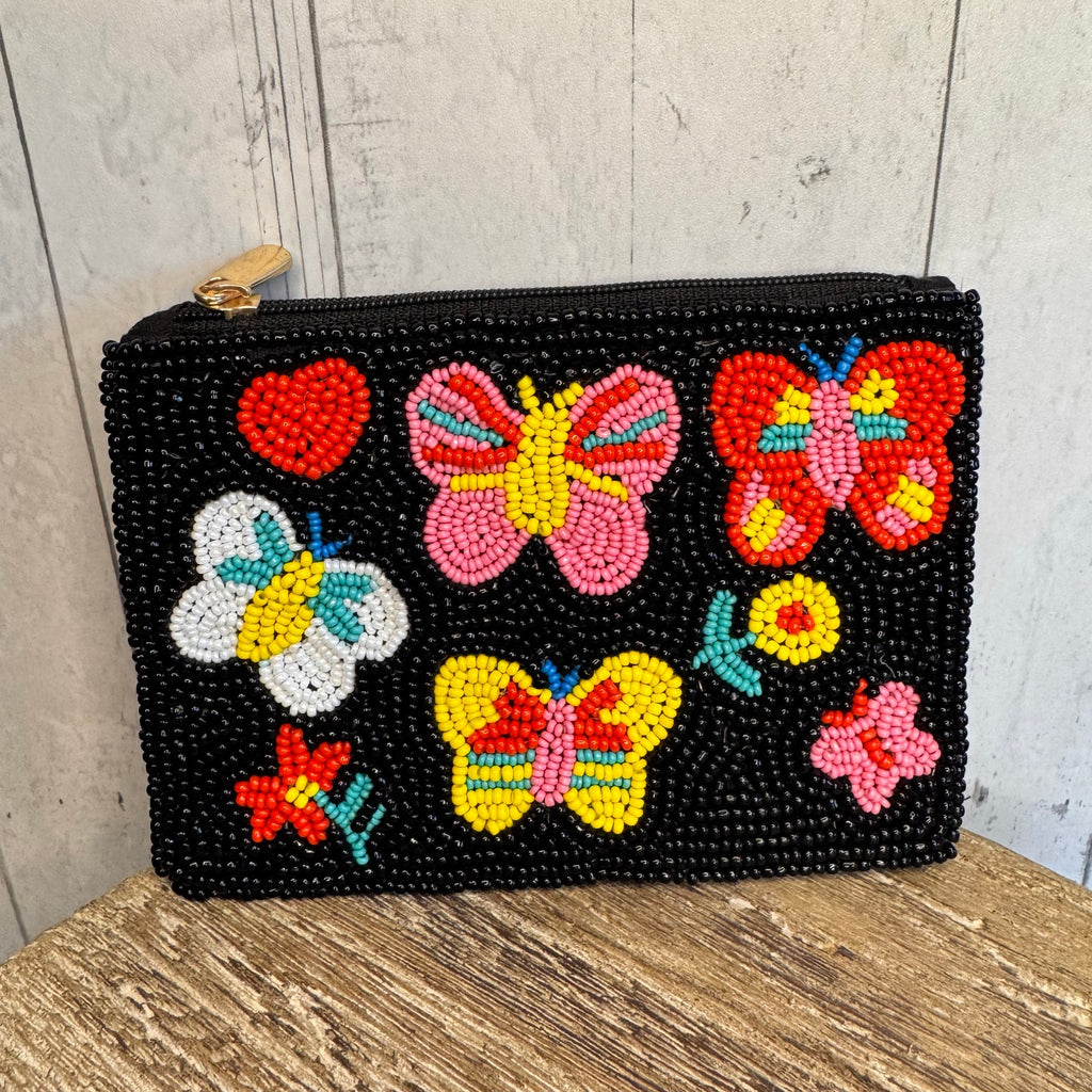 Beaded Coin Purse Black Wallet Cute Butterflies Butterfly Pouch New!  FAST SHIP