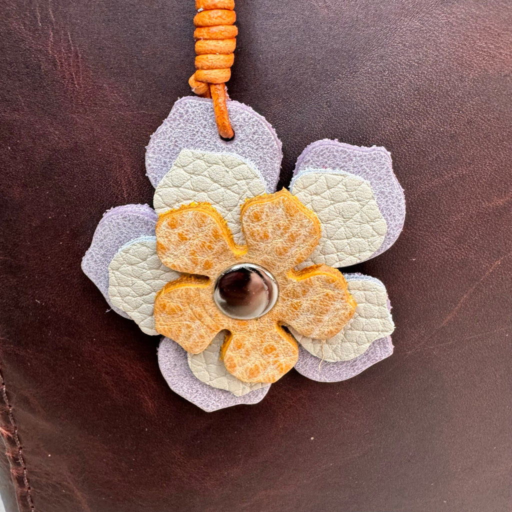 Leather Charm Lavender Yellow Flower Bag Charm Genuine Leather Purse Keychain