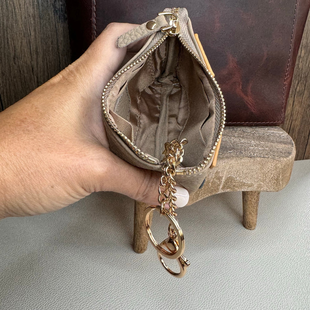 Taupe Flower Coin Purse Wallet Genuine Leather Neutral Wallet NEW FAST SHIP