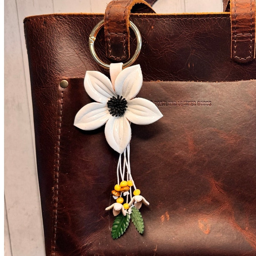 White Flower Daisy Purse Charm Genuine Leather Flower White Bag Charm NEW!
