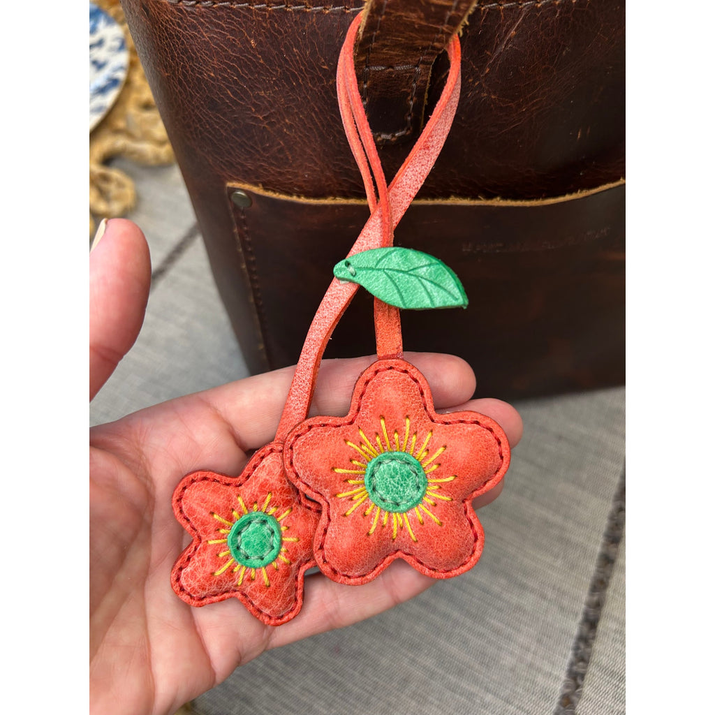 Double Light Red Flower Bag Charm Daisy Flower Genuine Leather Purse Charm