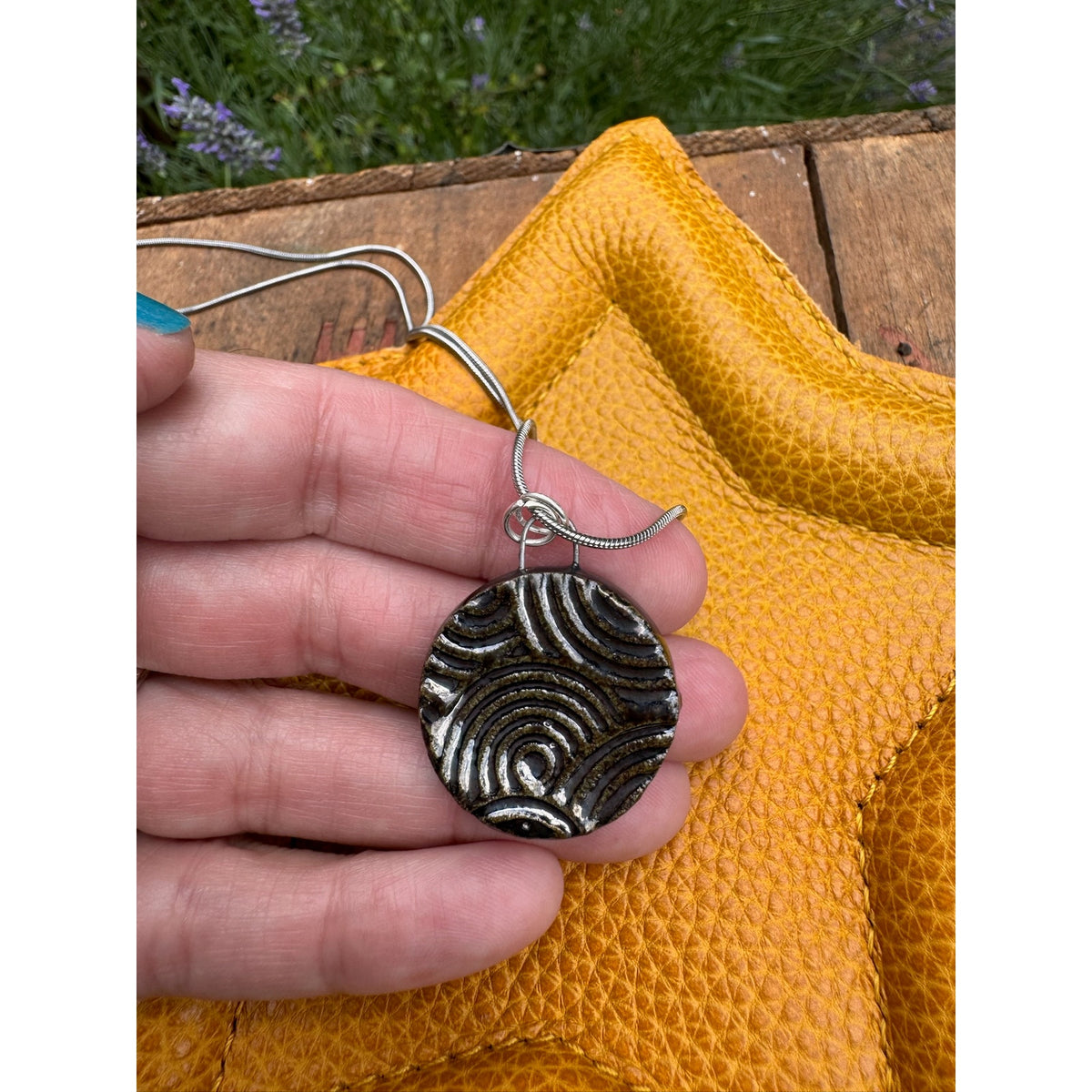 Kiln Fired Off Mirror Black Pendant Necklace Handcrafted Ceramic Circle Necklace