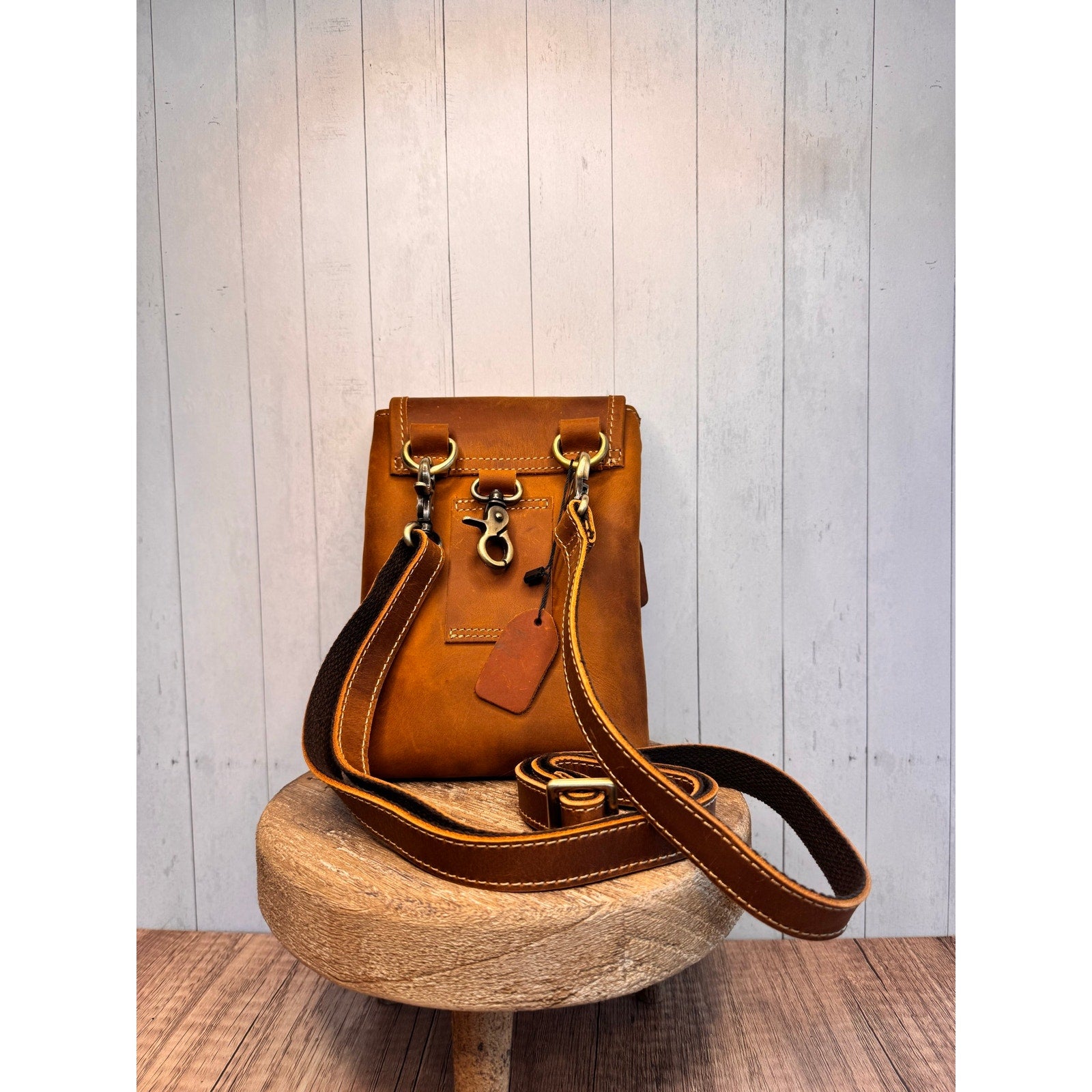 Genuine Leather Crossbody Purse TEDDY BEAR BROWN Leather Bag Passport Phone