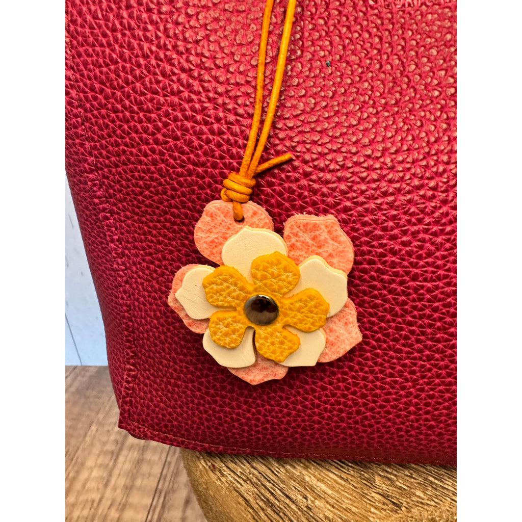 Leather Flower Bag Charm Yellow White Pink Flower Purse Charm Genuine Leather