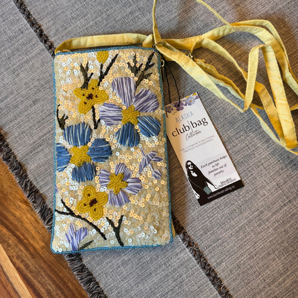 Blue yellow Beaded Crossbody Club Bag Stitched Phone Bag Small Night out Purse