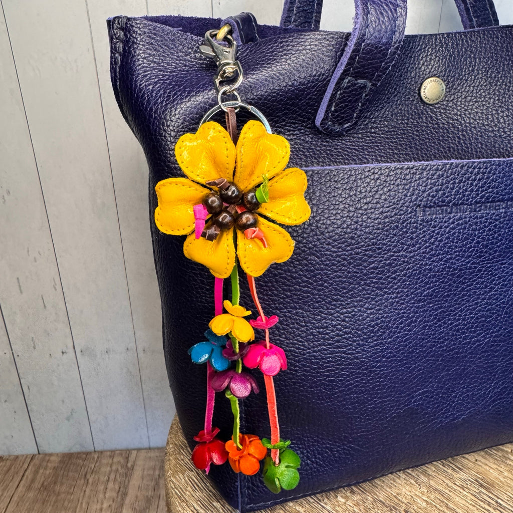 Yellow Daisy Flower Leather Bag Charm Genuine Leather Purse Charm Flowers
