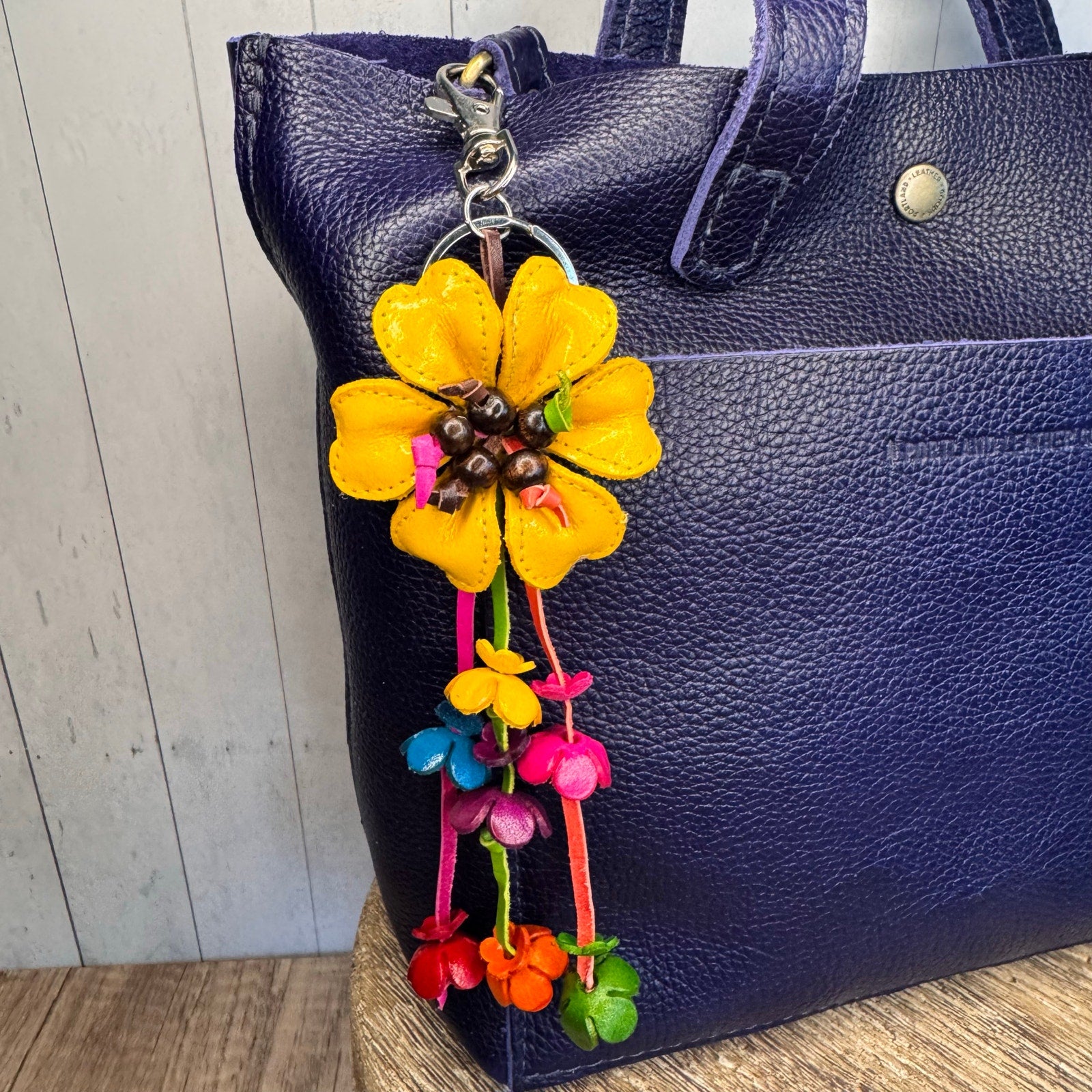 Yellow Daisy Flower Leather Bag Charm Genuine Leather Purse Charm Flowers