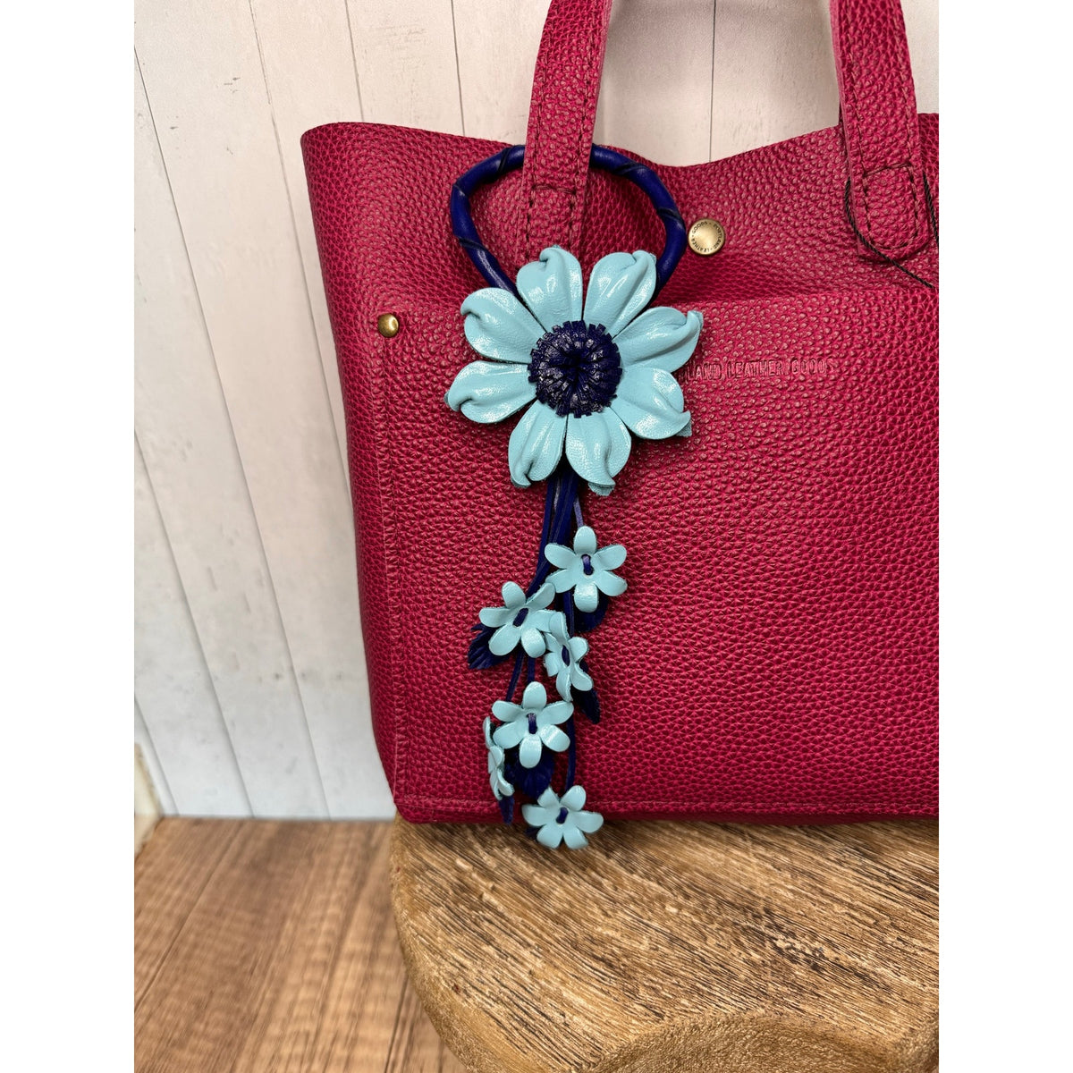 Blue Leather Purse Charm Blue Flower Charm Genuine Leather Daisy Bag Charm NEW!